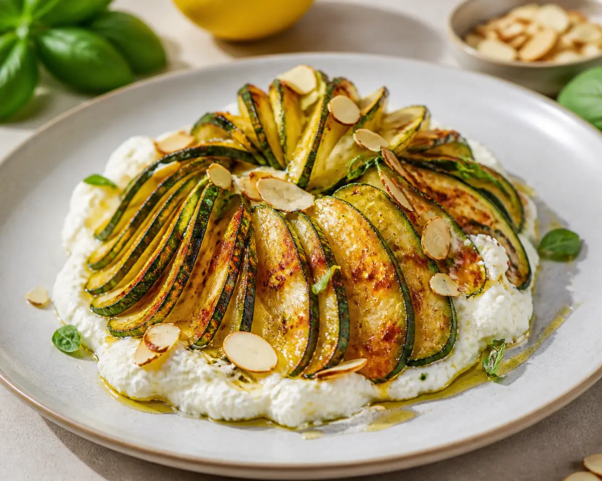Air Fryer Zucchini Fans with Basil Lemon Ricotta and Toasted Almond