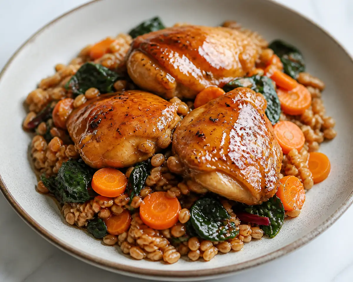 Instant Pot de pollo al albaricoque ahumado con farro, zanahoria y acelga