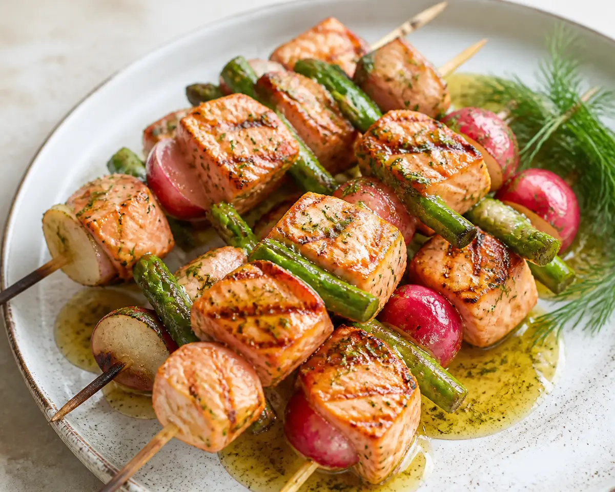Brochetas de salmón a la parrilla con rábanos, espárragos y glaseado de miel, eneldo y limón