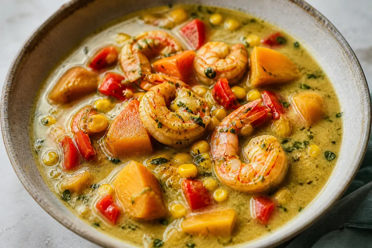 Cazuela Caribeña de Camarones con Batata, Maíz y Crema Suave de Coco y Cilantro