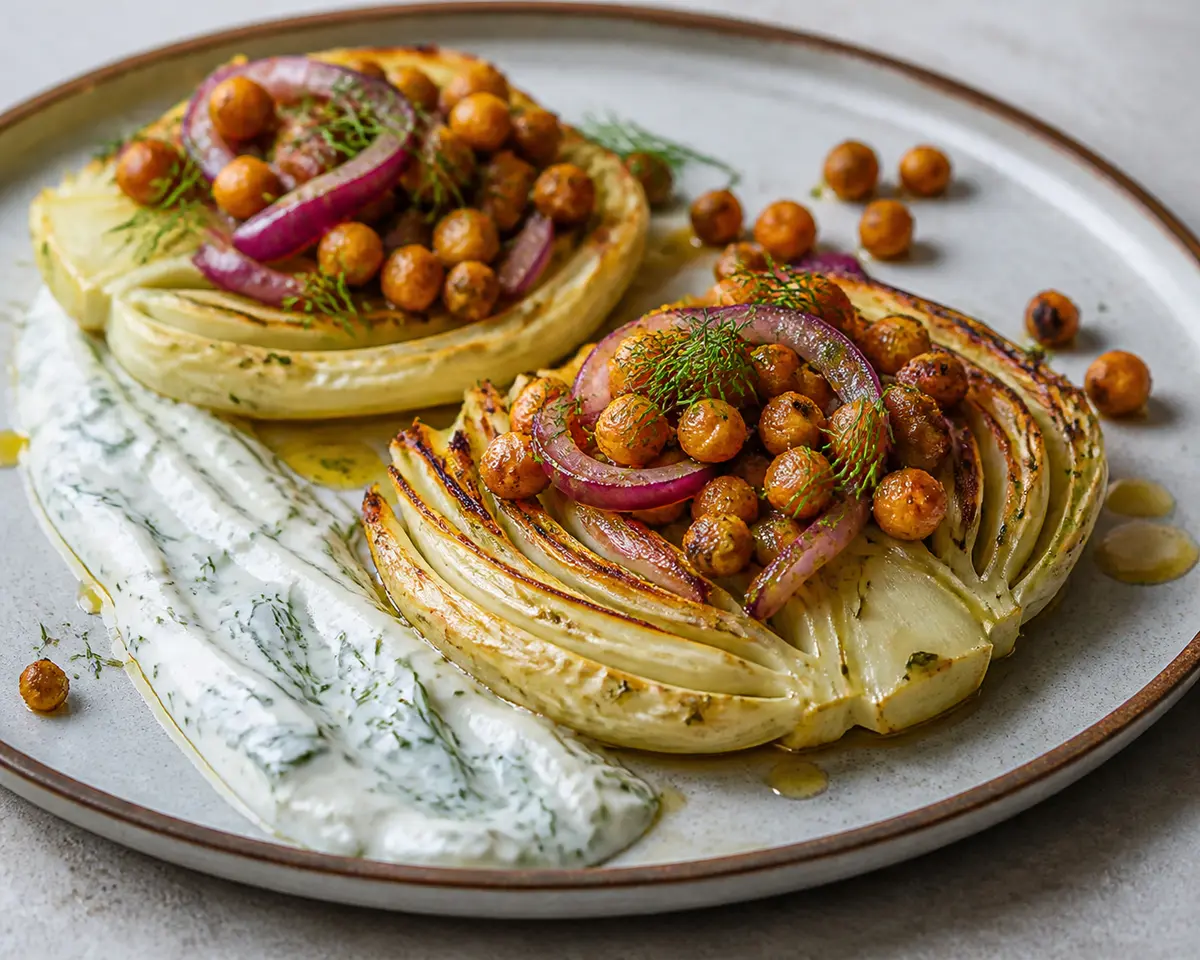 Coronas de Hinojo y Garbanzos al Horno con Salsa de Yogur, Eneldo y Limón