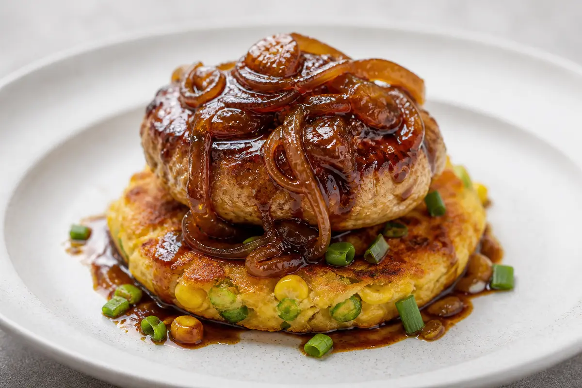 Bistec Salisbury de pavo con glaseado de cola y cebolla, sobre pastel de sartén de maíz y cebollín