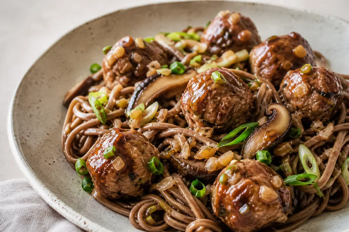 Soba Noodles with Pork and Shiitake Meatballs in Pear Ginger Glaze
