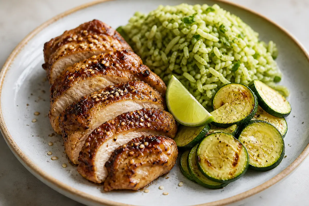 Toasted Sesame Chicken with Jalapeño Green Rice and Lime Zucchini