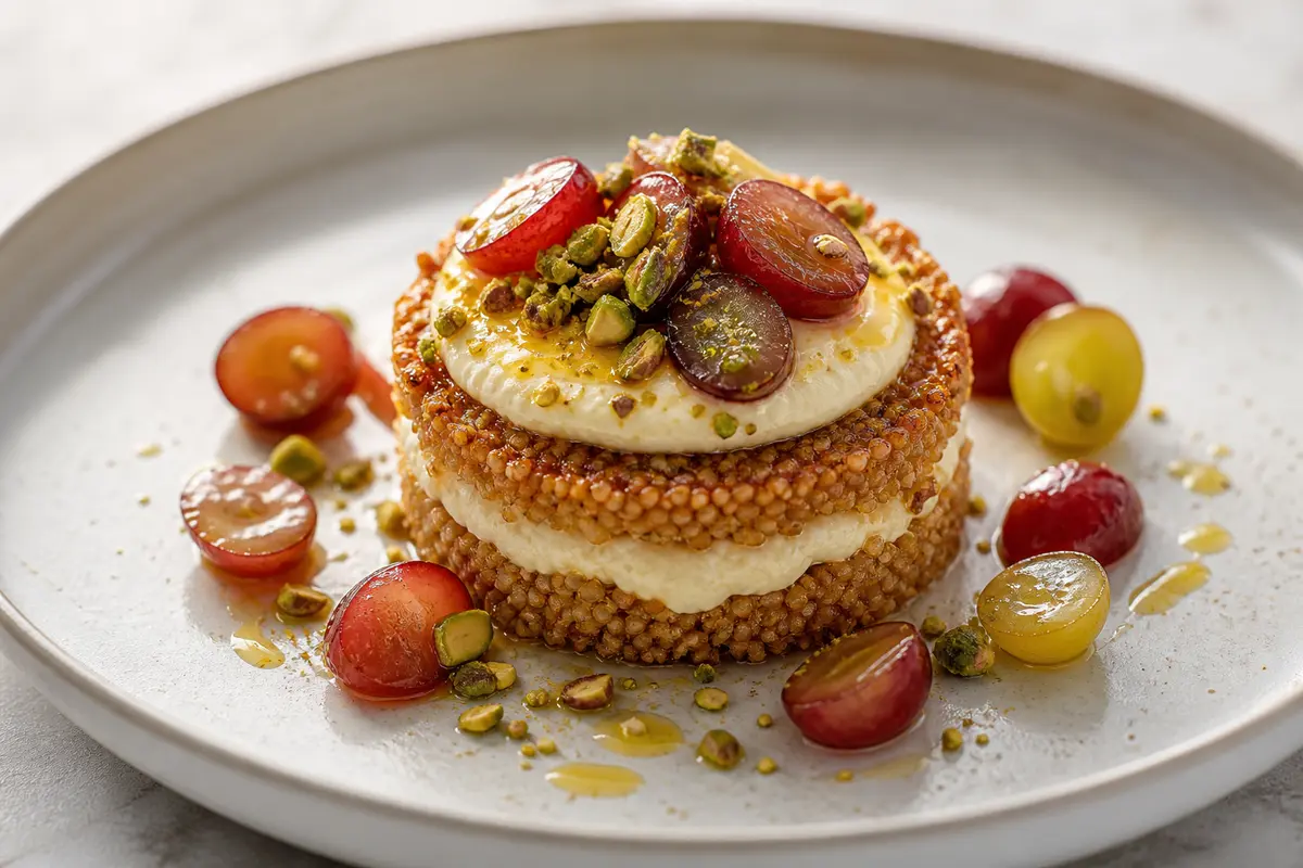 Timbal Crujiente de Mijo con Yogur de Naranja, Uvas Salteadas y Pistacho