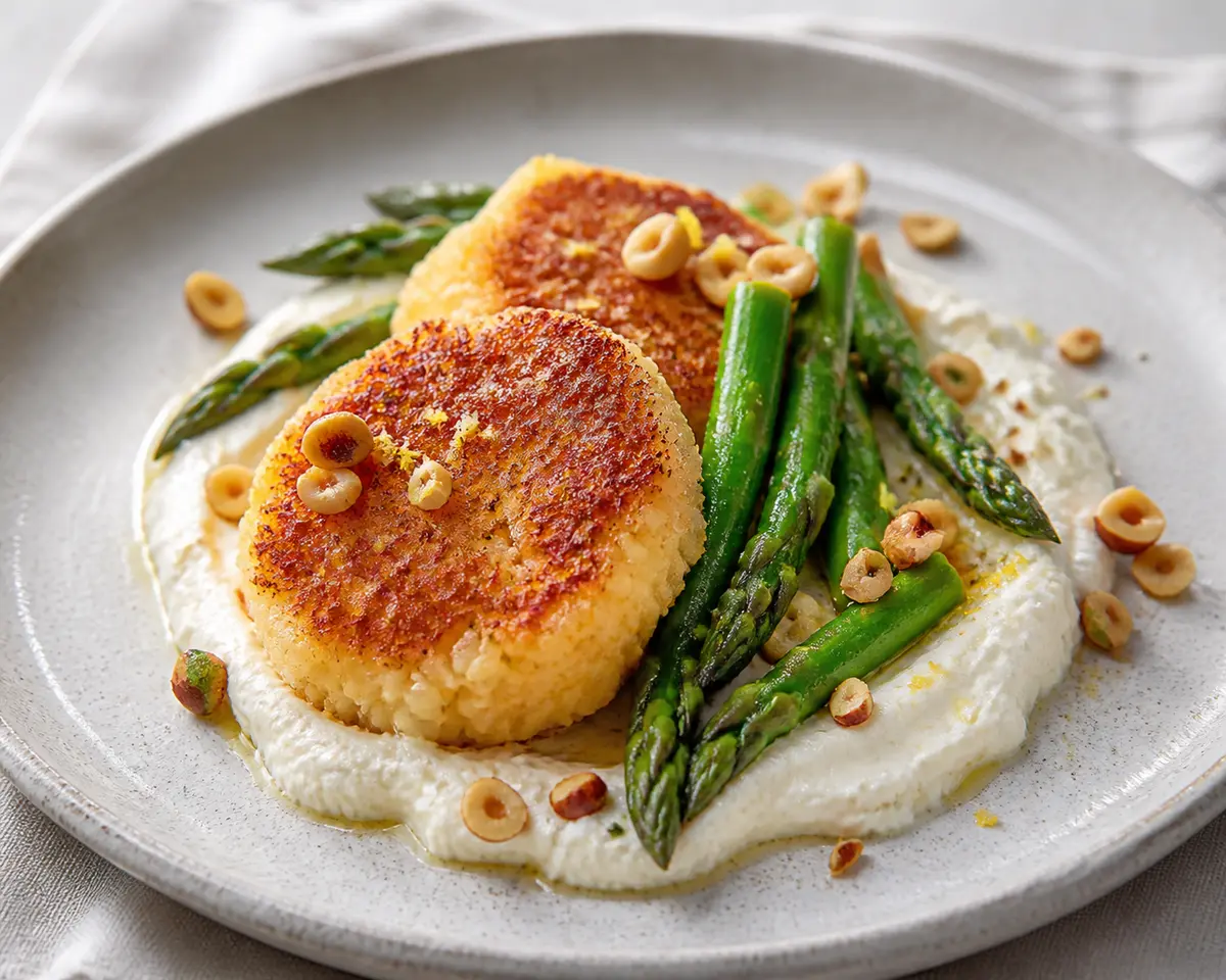 Crispy rice cakes with lemon ricotta cream, sautéed asparagus, and toasted hazelnut