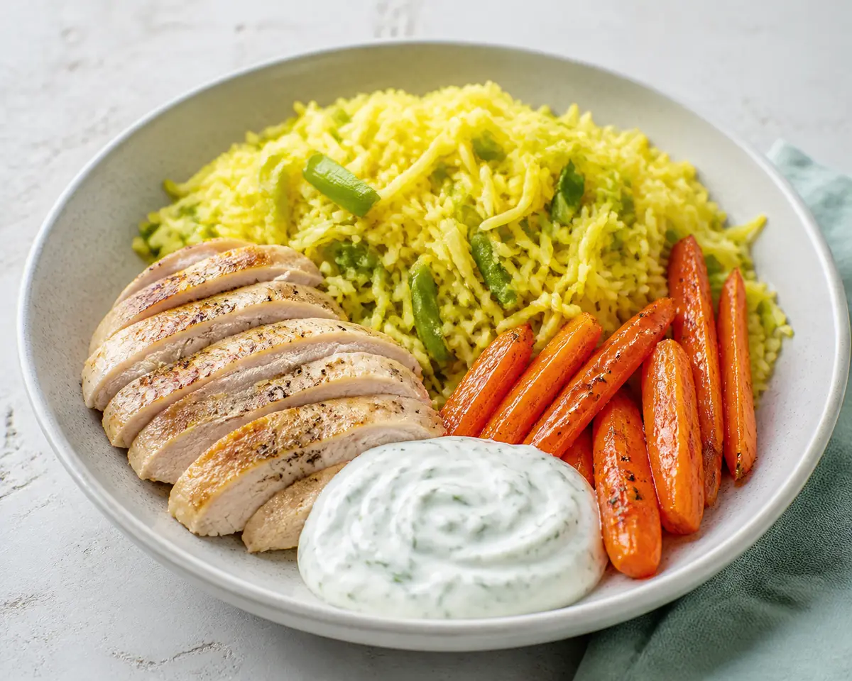 Warm Saffron Chicken Bowl with Leek Rice, Glazed Carrots, and Dill Yogurt Cream