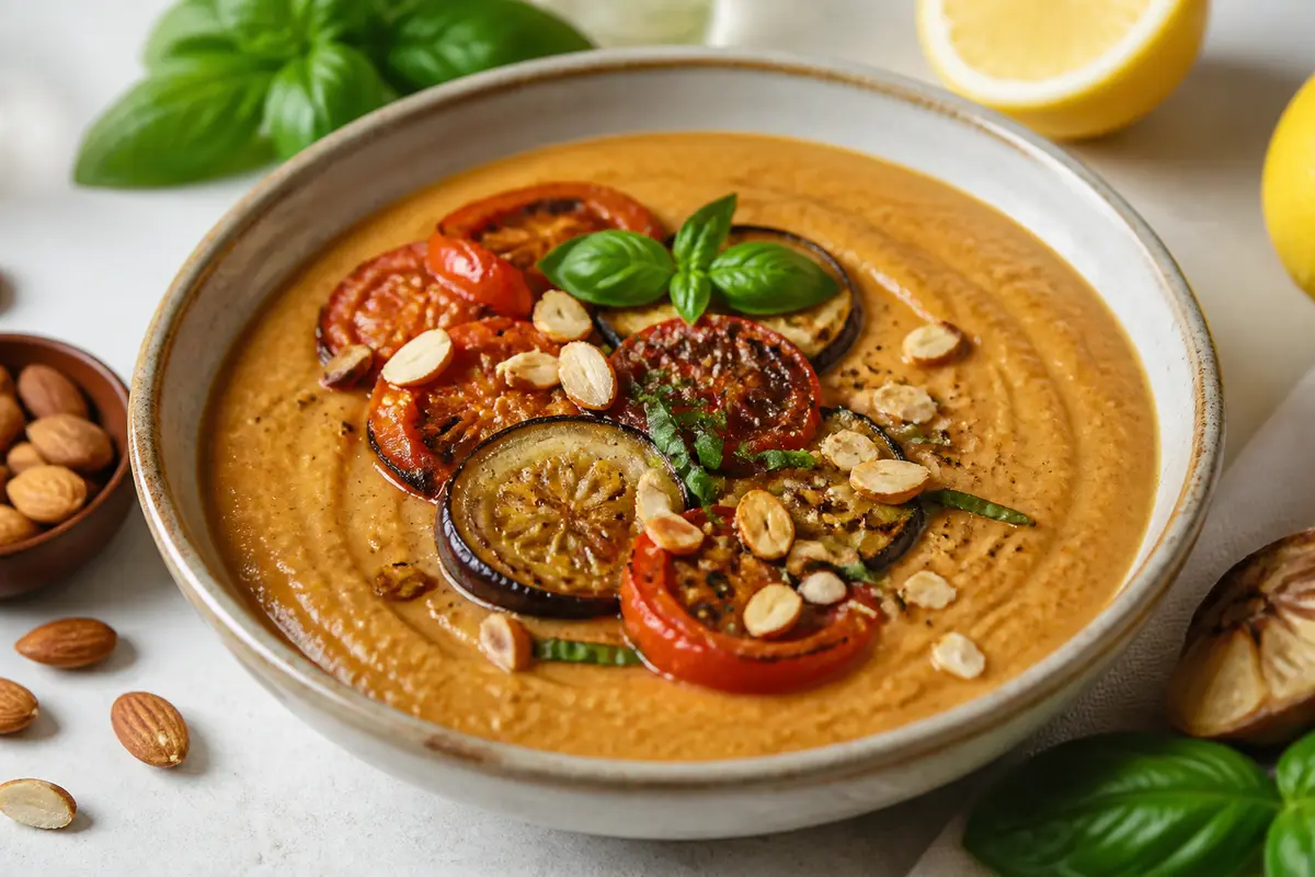 Sopa cremosa de berenjena asada, tomate y almendra con albahaca y limón