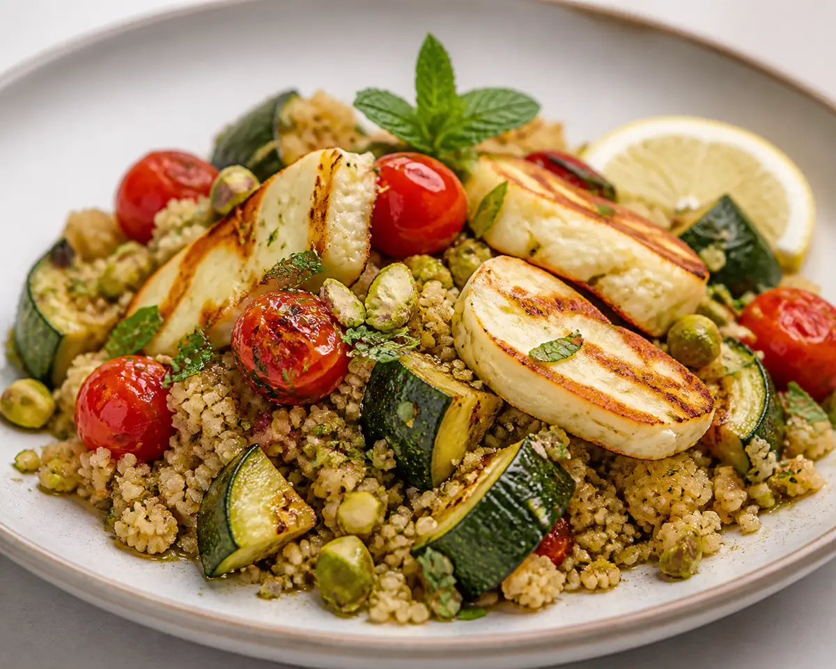 Warm whole wheat couscous salad with seared zucchini, quick blistered cherry tomatoes, and halloumi with lemon mint pistachio vinaigrette