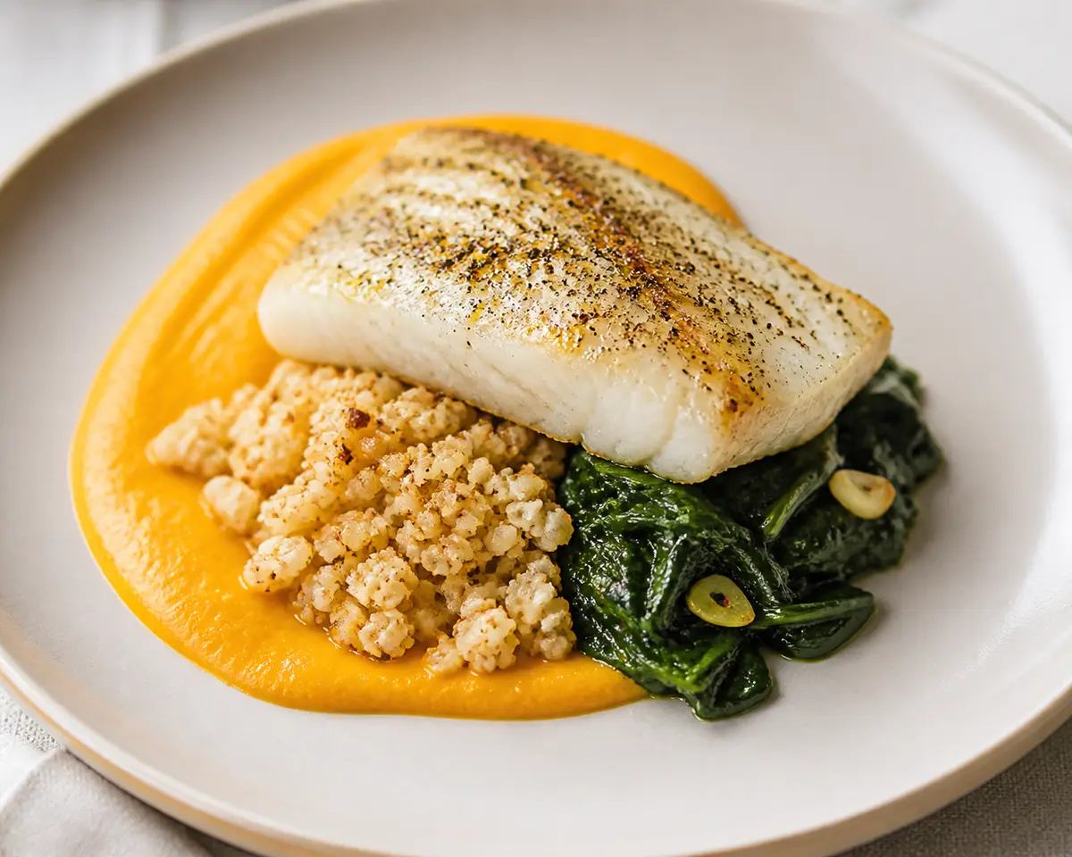Fish Fillet with Silky Carrot Saffron Sauce, Toasted Cauliflower Barley, and Garlic Spinach