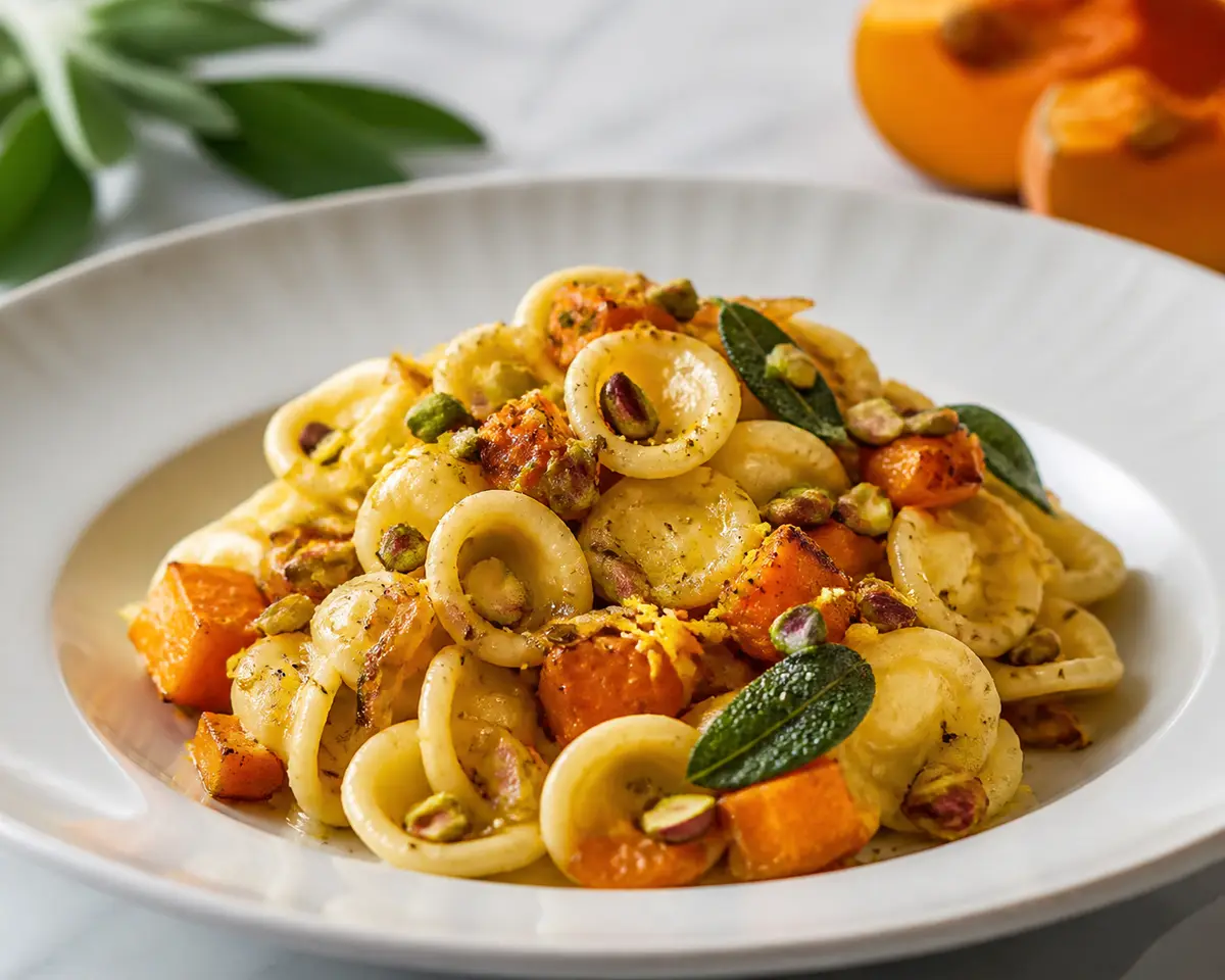 Creamy Orecchiette with Smoked Pumpkin, Caramelized Onion and Sage with Citrusy Pistachio