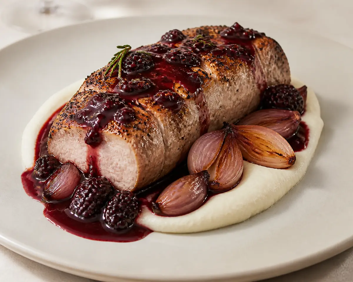 Lomo de Cerdo en Salsa de Moras y Romero con Puré de Coliflor Asada y Chalotas Glaseadas