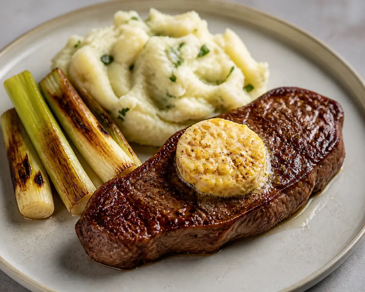 Bistec de Res con Mantequilla de Maíz Tostado, Puerros Dorados y Puré Rústico de Papa con Perejil