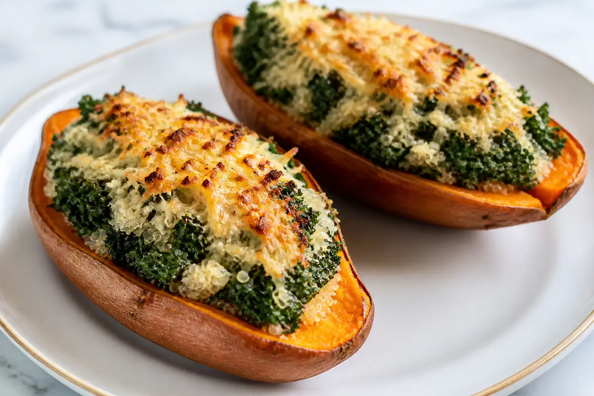 Bocados de batata asada rellenos de quinoa cremosa, kale salteado y costra de cheddar ahumado