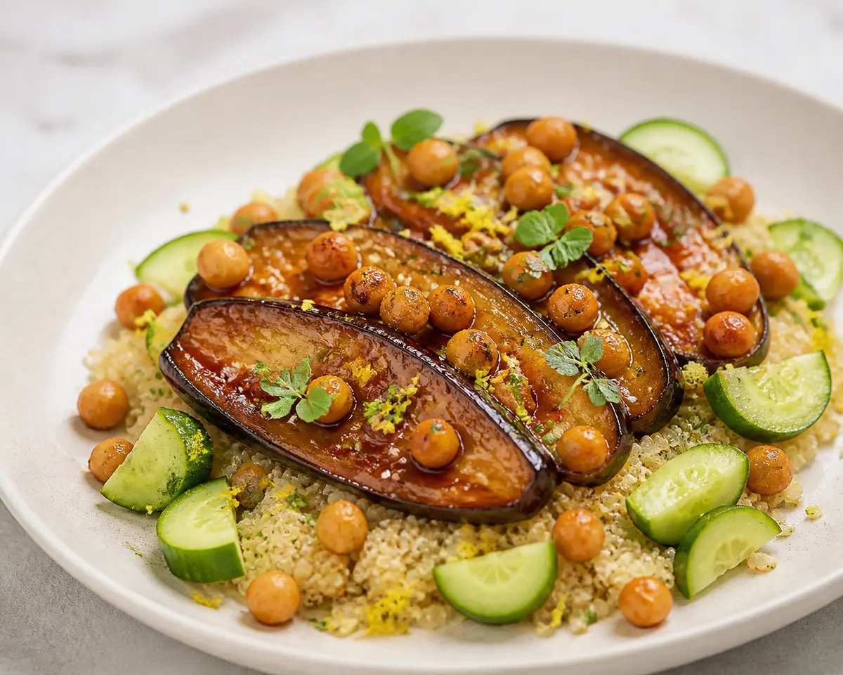 Berenjena lacada con miso suave sobre quinoa de limón y garbanzos crujientes