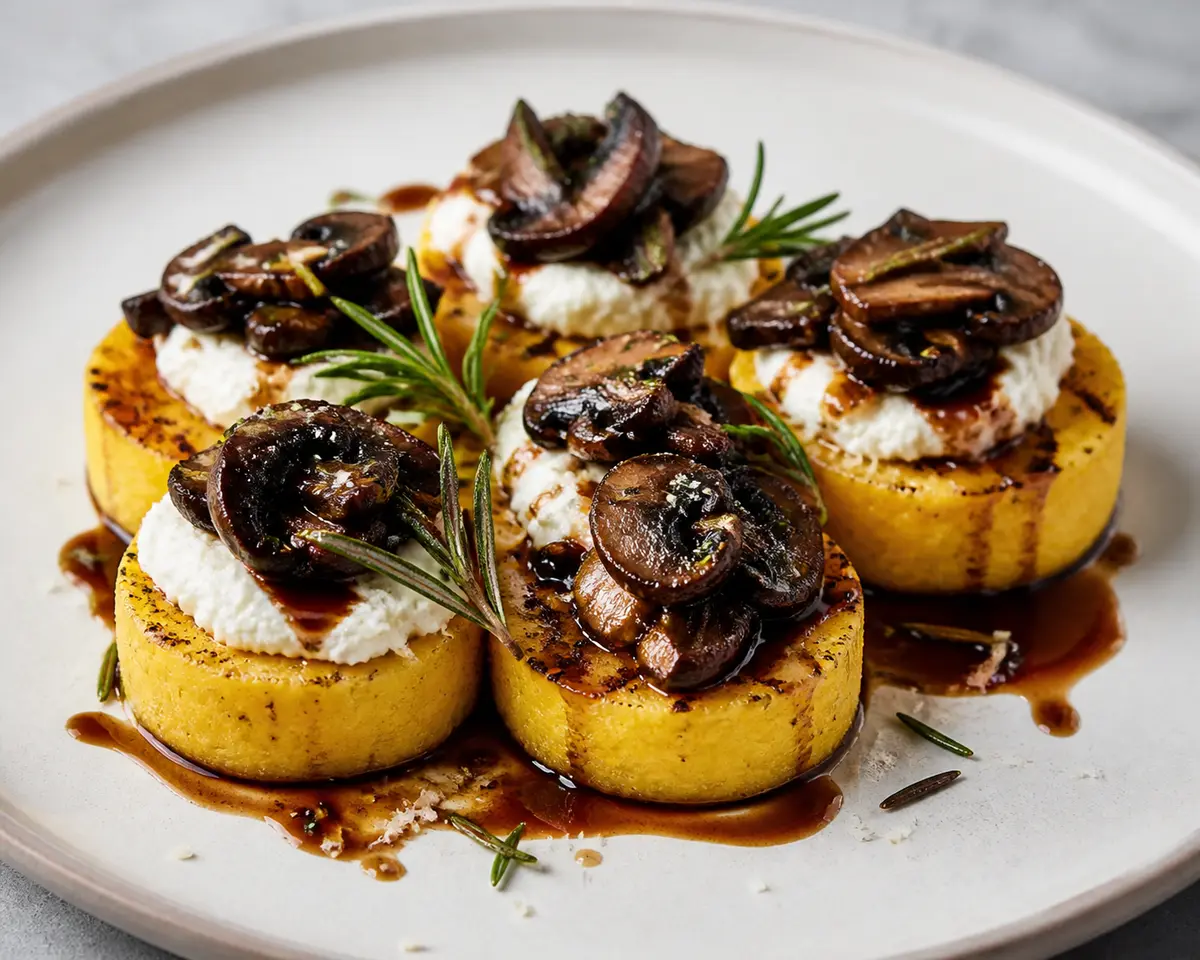 Medallones de Polenta al Romero con Crema de Ricotta y Setas Balsámicas