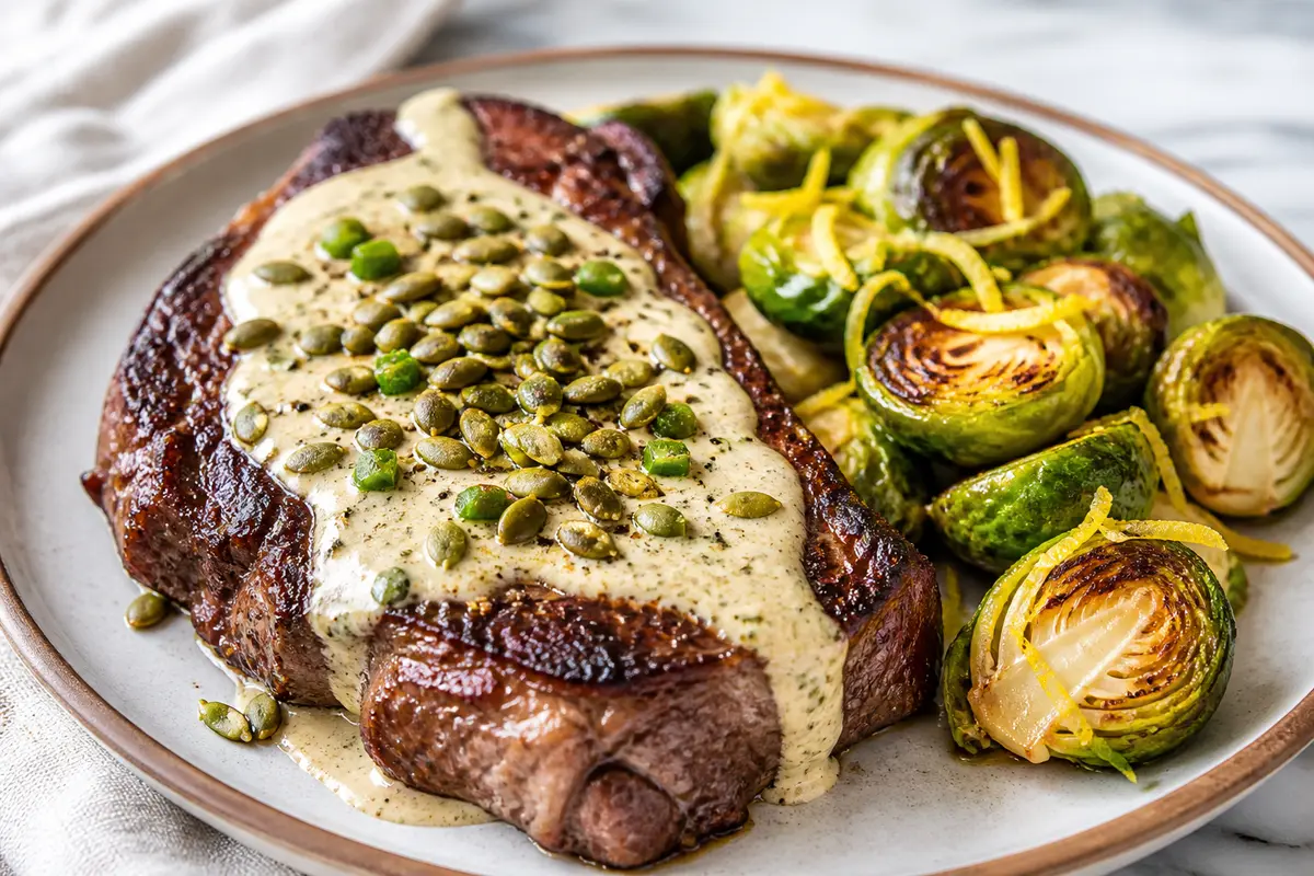 Bistec Keto con Crema de Jalapeño, Coles de Bruselas al Limón y Crujiente de Pepitas