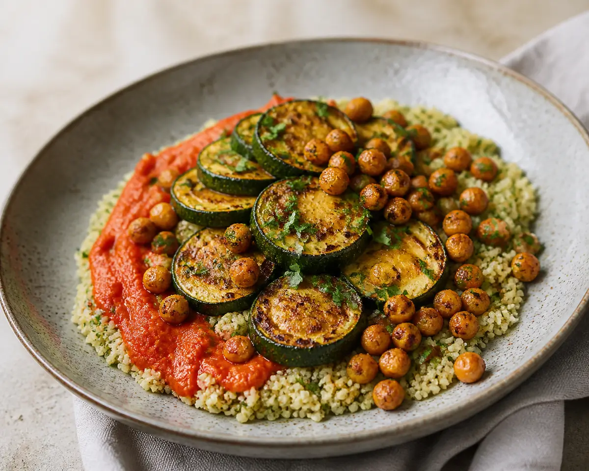 Roasted Zucchini with Herbed Bulgur, Crispy Chickpeas, and Smoky Red Pepper Sauce