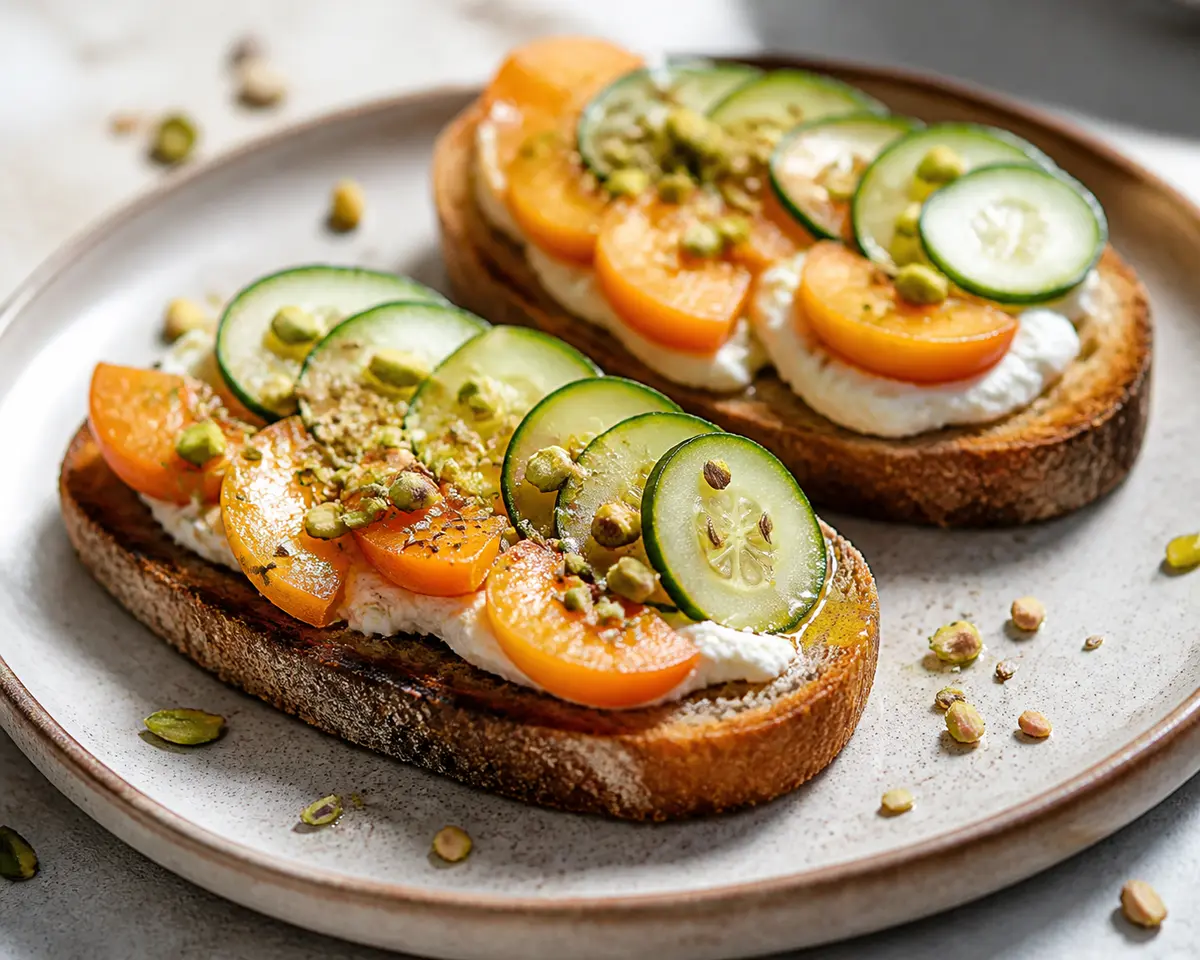 Tostadas exprés de albaricoque salteado con queso de cabra, pepino y pistacho al comino