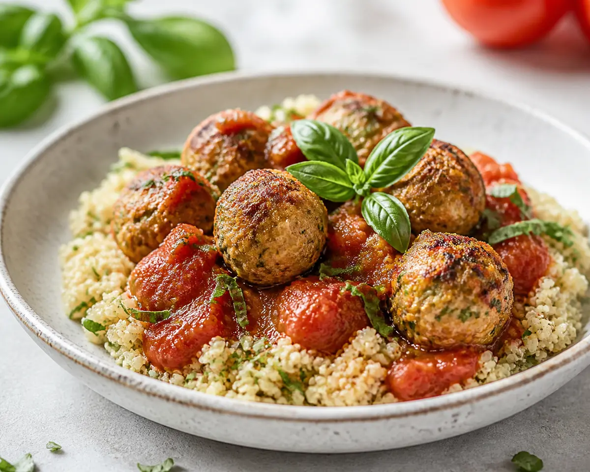 Albóndigas de pavo y calabacín en salsa ligera de tomate asado con quinoa de coliflor y albahaca
