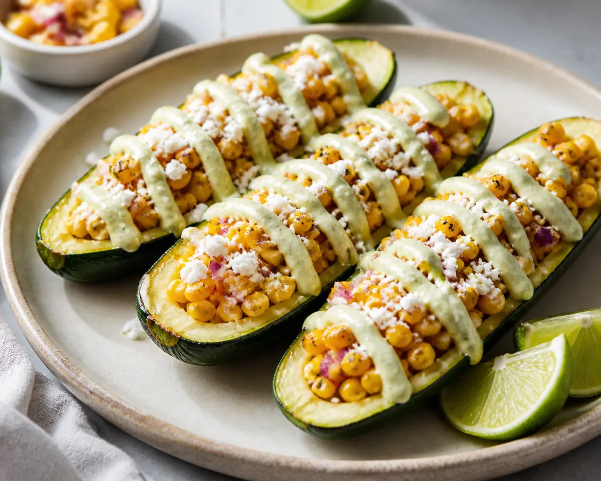 Air Fryer Zucchini Boats with Smoky Corn, Cotija, and Lime Crema