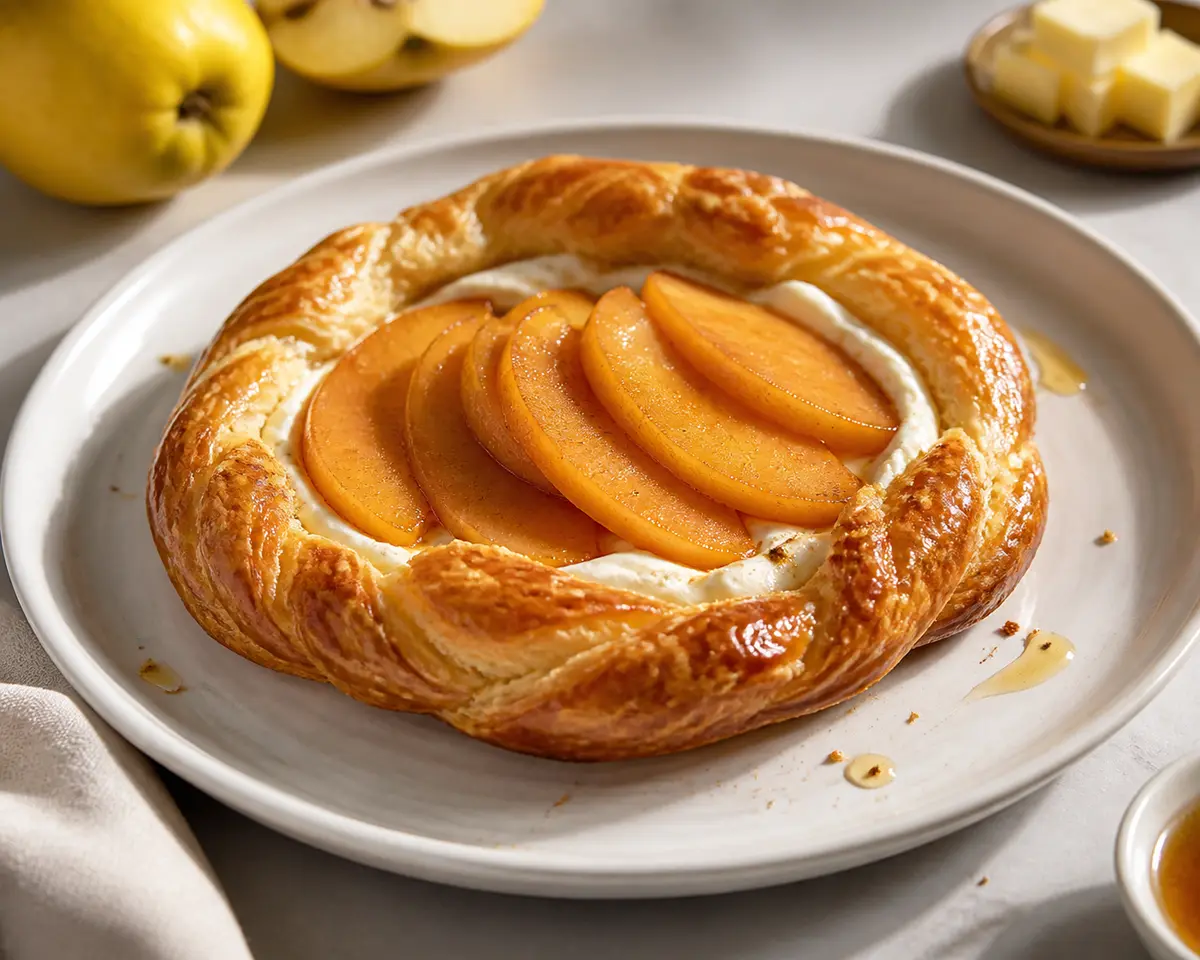 Crispy puff pastry ring with spiced quince and honey cream cheese