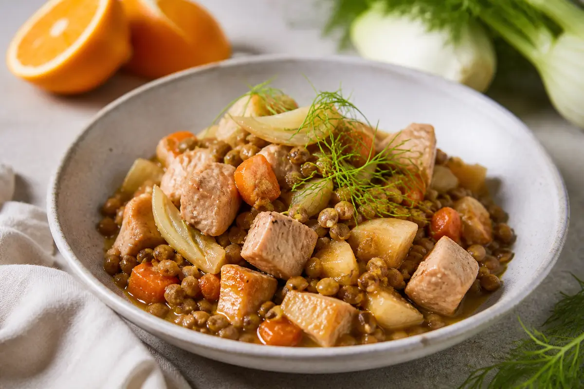 Instant Pot de cerdo con naranja, hinojo y lentejas