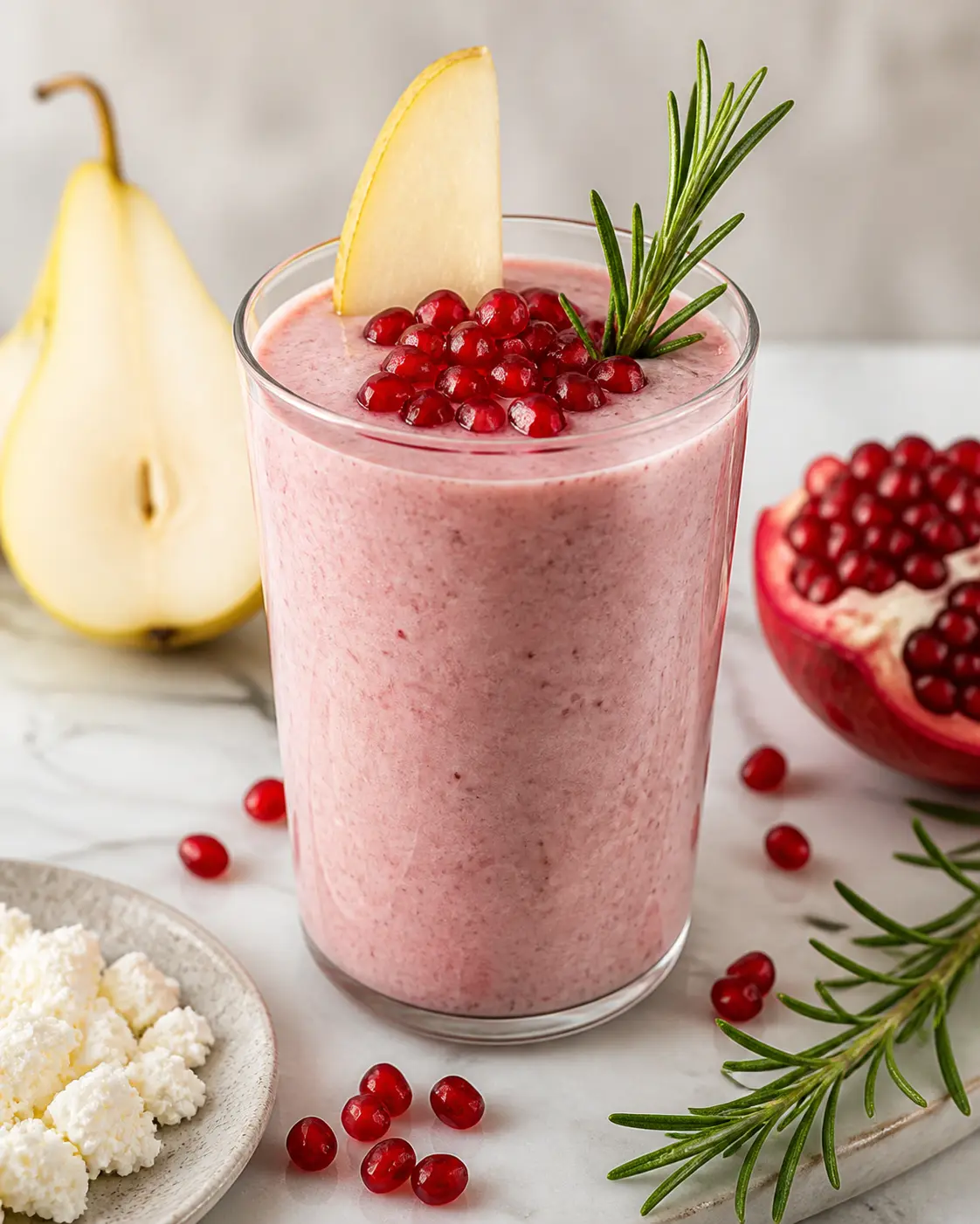 Batido Seda Carmesí de Granada, Pera y Ricotta con Romero