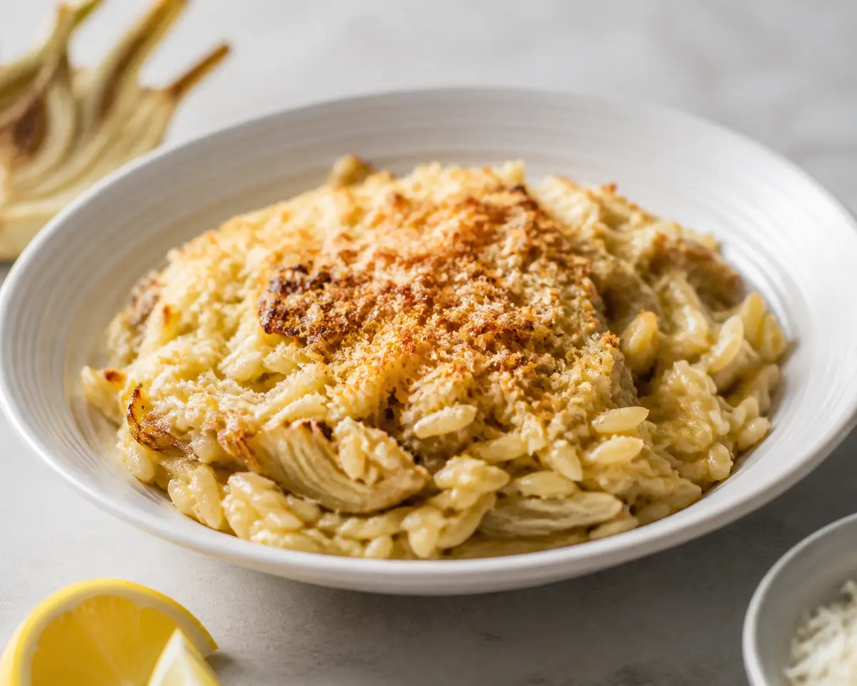Risoni Cremoso al Horno con Hinojo Caramelizado, Limón y Costra de Pecorino