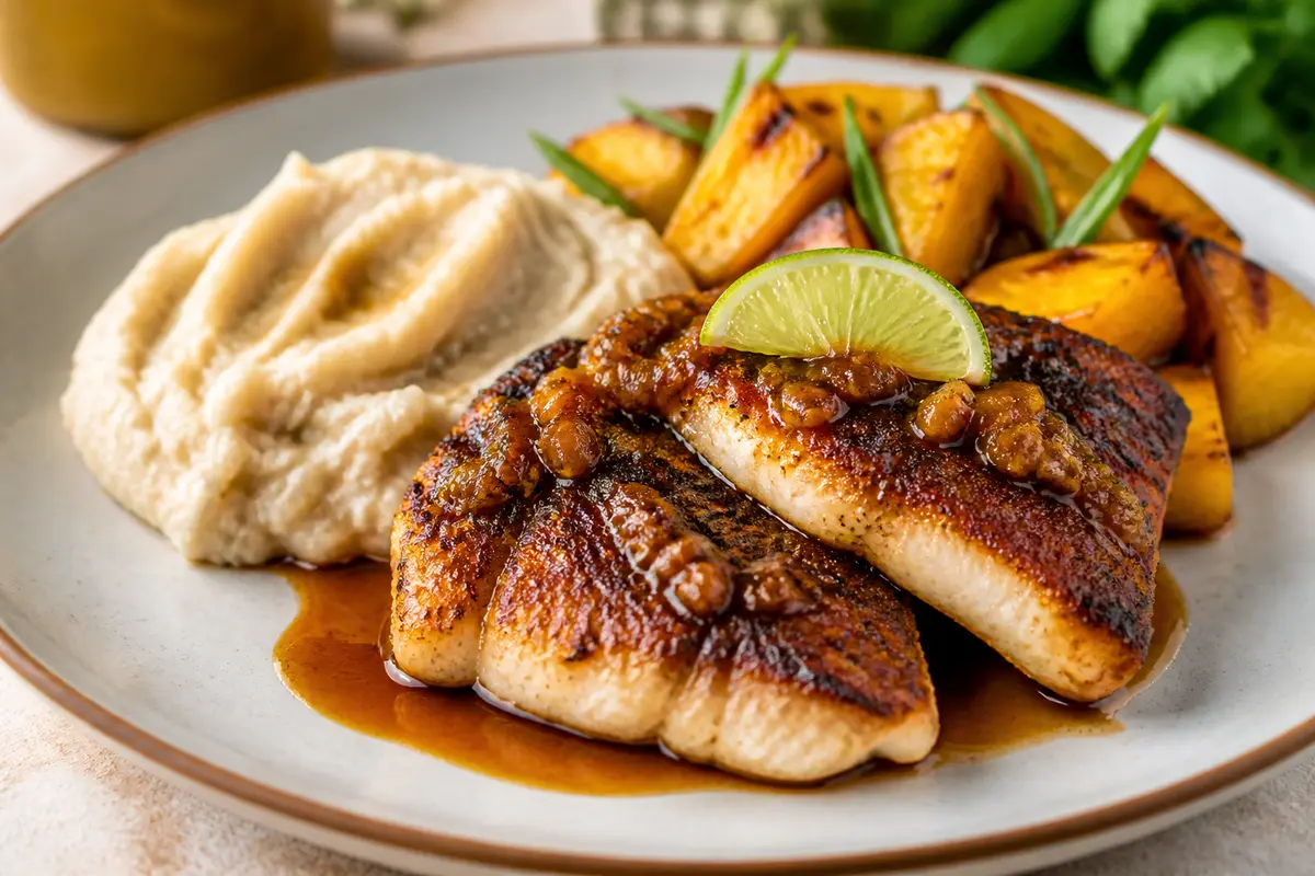 Caribbean Spiced Rum Snapper with Malanga Mash and Warm Roasted Pineapple Salad