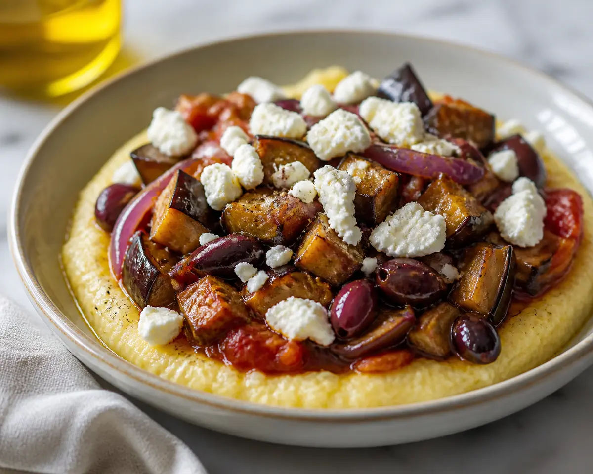 Mediterranean Creamy Polenta Bake with Eggplant-Olive Ragout and Goat Cheese