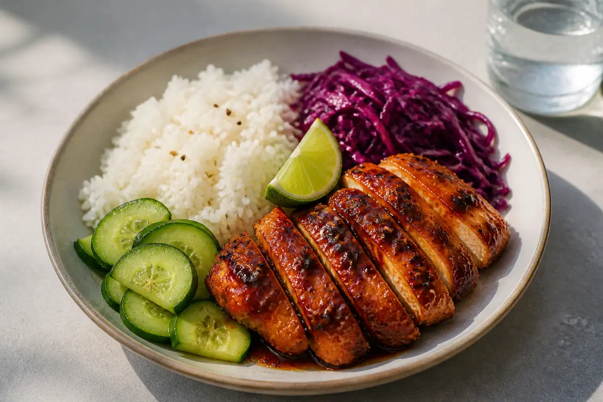 Jasmine rice bowl with tamarind-date glazed chicken, sautéed red cabbage, and lime cucumber