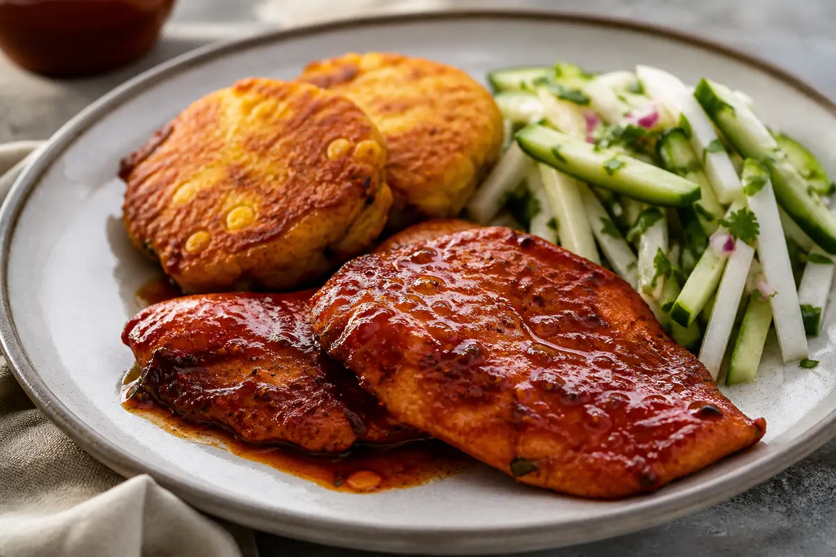 Turkey in Tamarind and Guajillo Chile Adobo with Corn and Cheese Patties, and Jicama Cucumber Salad