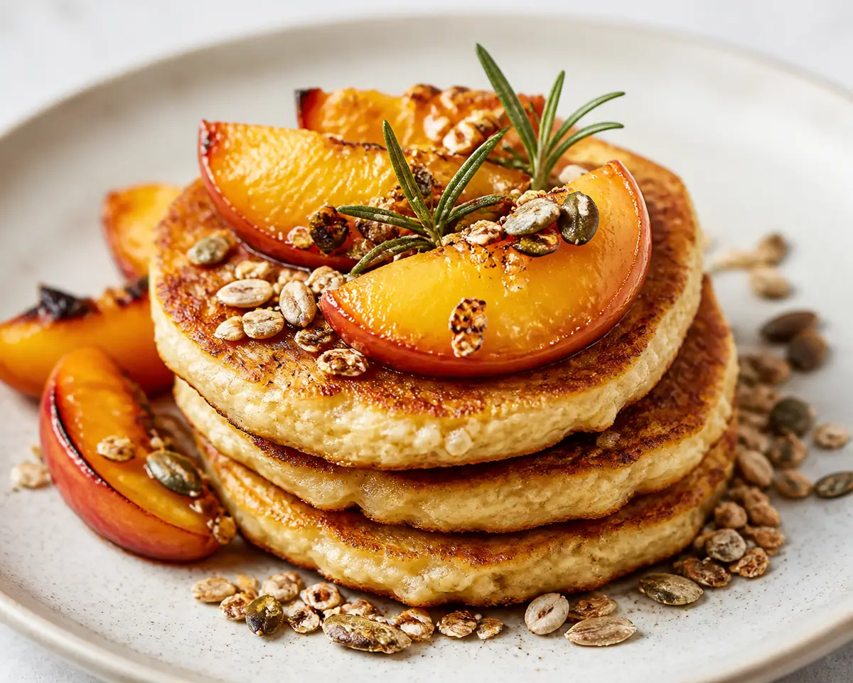 Baked Oat and Ricotta Pancakes with Rosemary Roasted Peaches and Seed Crunch