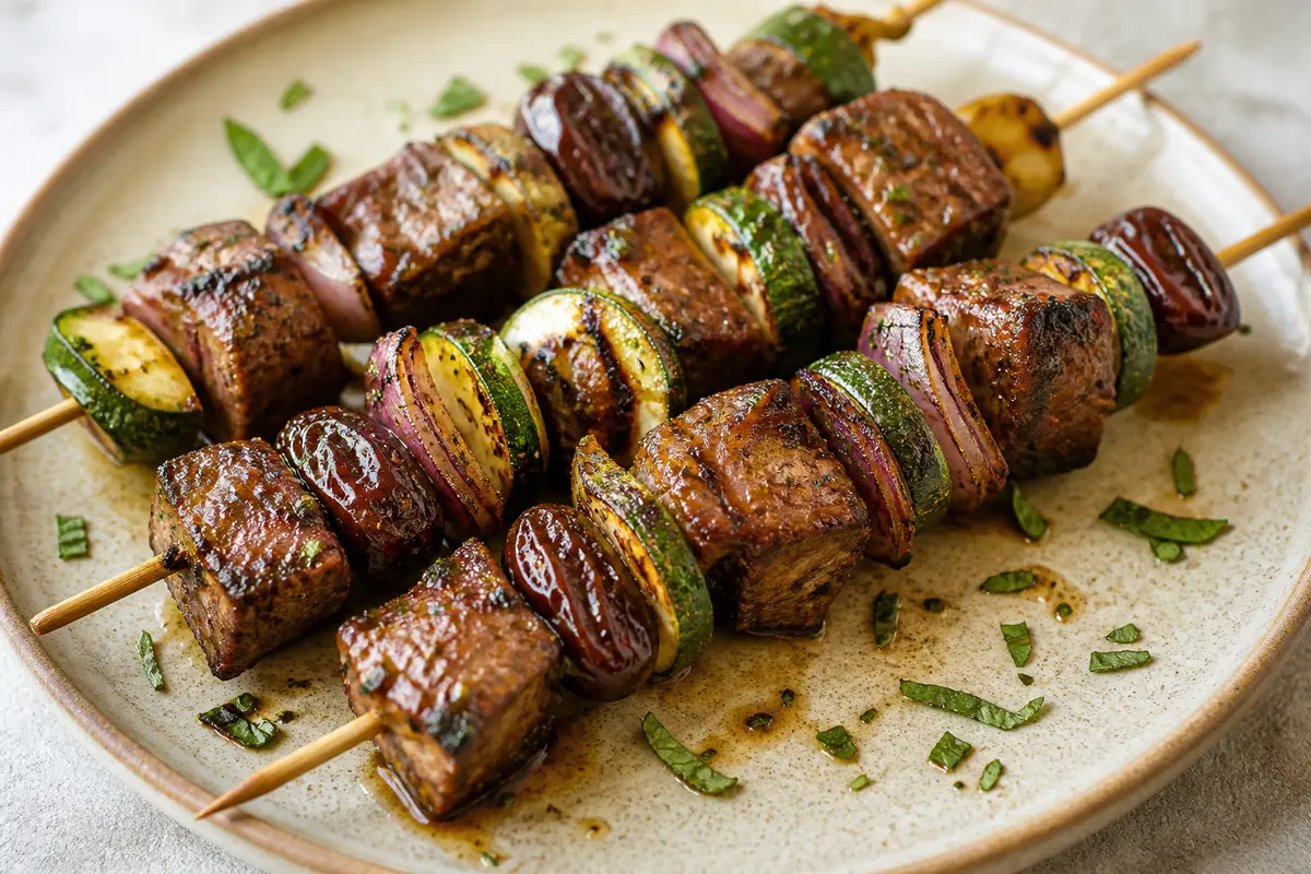 Grilled Beef Skewers with Zucchini, Dates, and Cumin-Orange-Mint Marinade