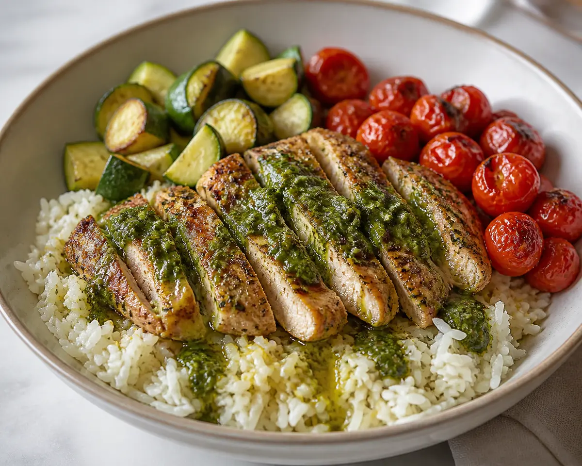 Warm Spinach Pesto Chicken Bowl with Lemon Rice, Roasted Zucchini, and Blistered Cherry Tomatoes