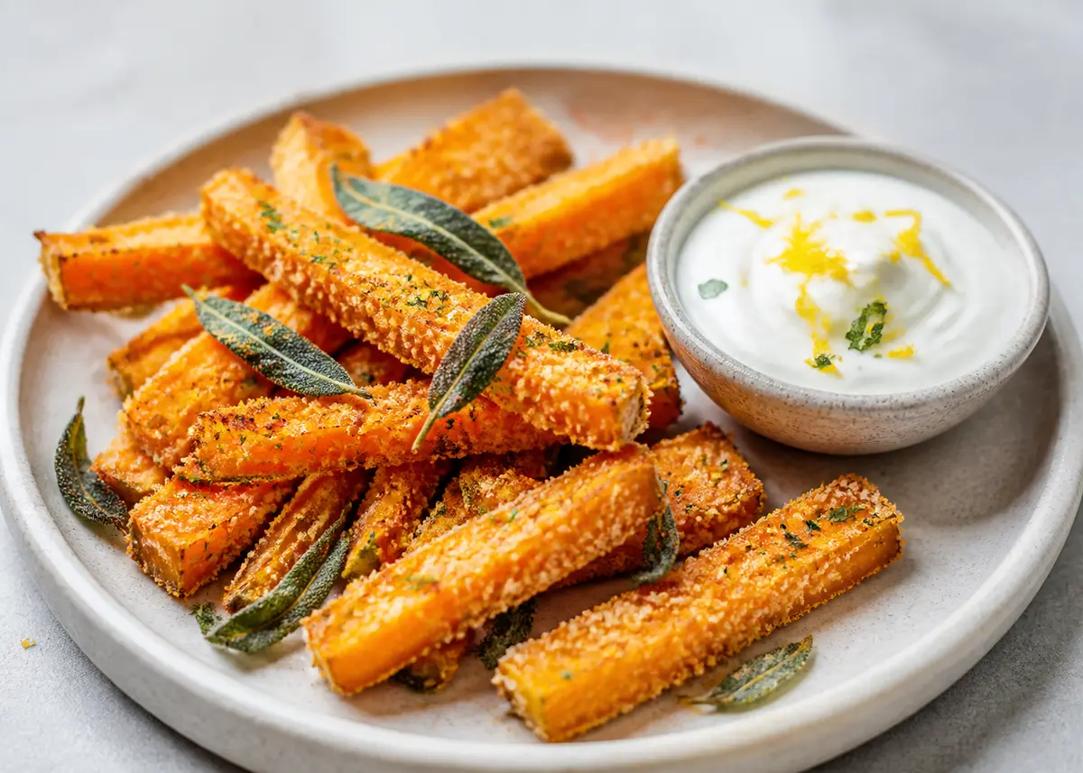 Bastoncitos crujientes de calabaza, parmesano y salvia con dip de yogur al limón