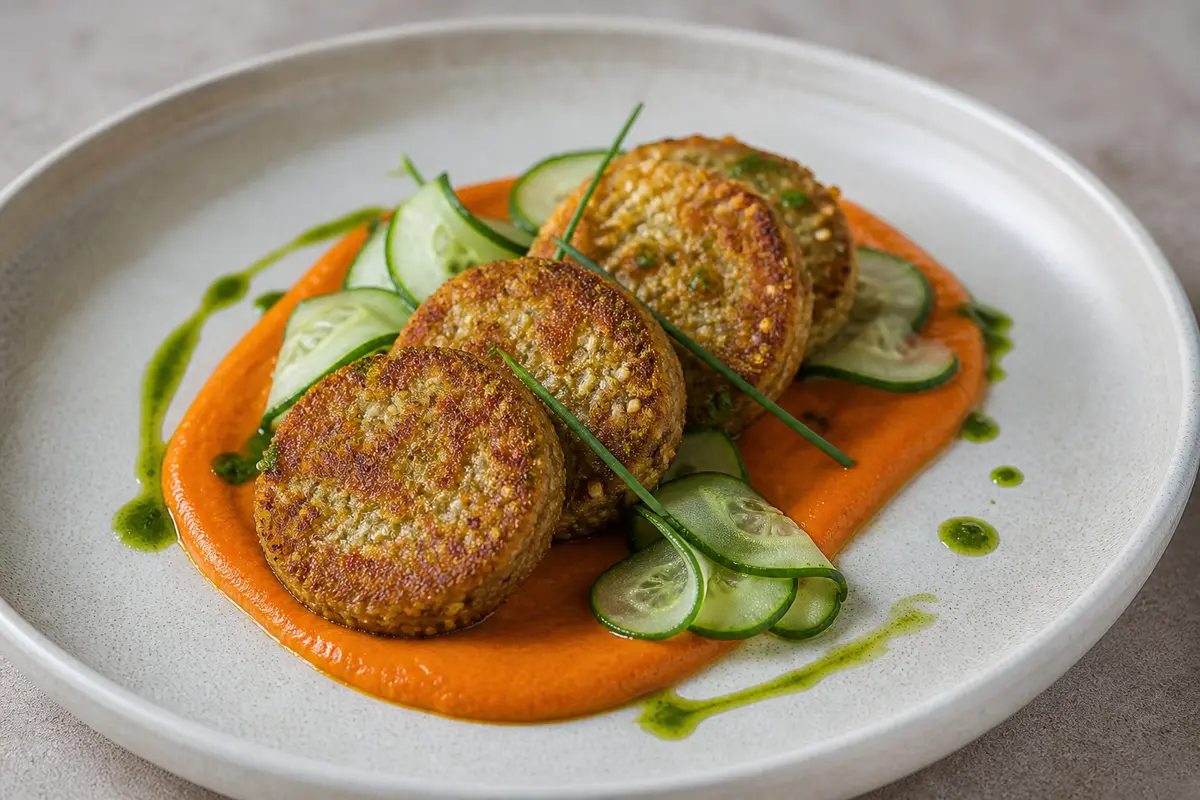 Medallones crujientes de mijo con crema de pimiento asado, pepino encurtido rápido y aceite de cebollino