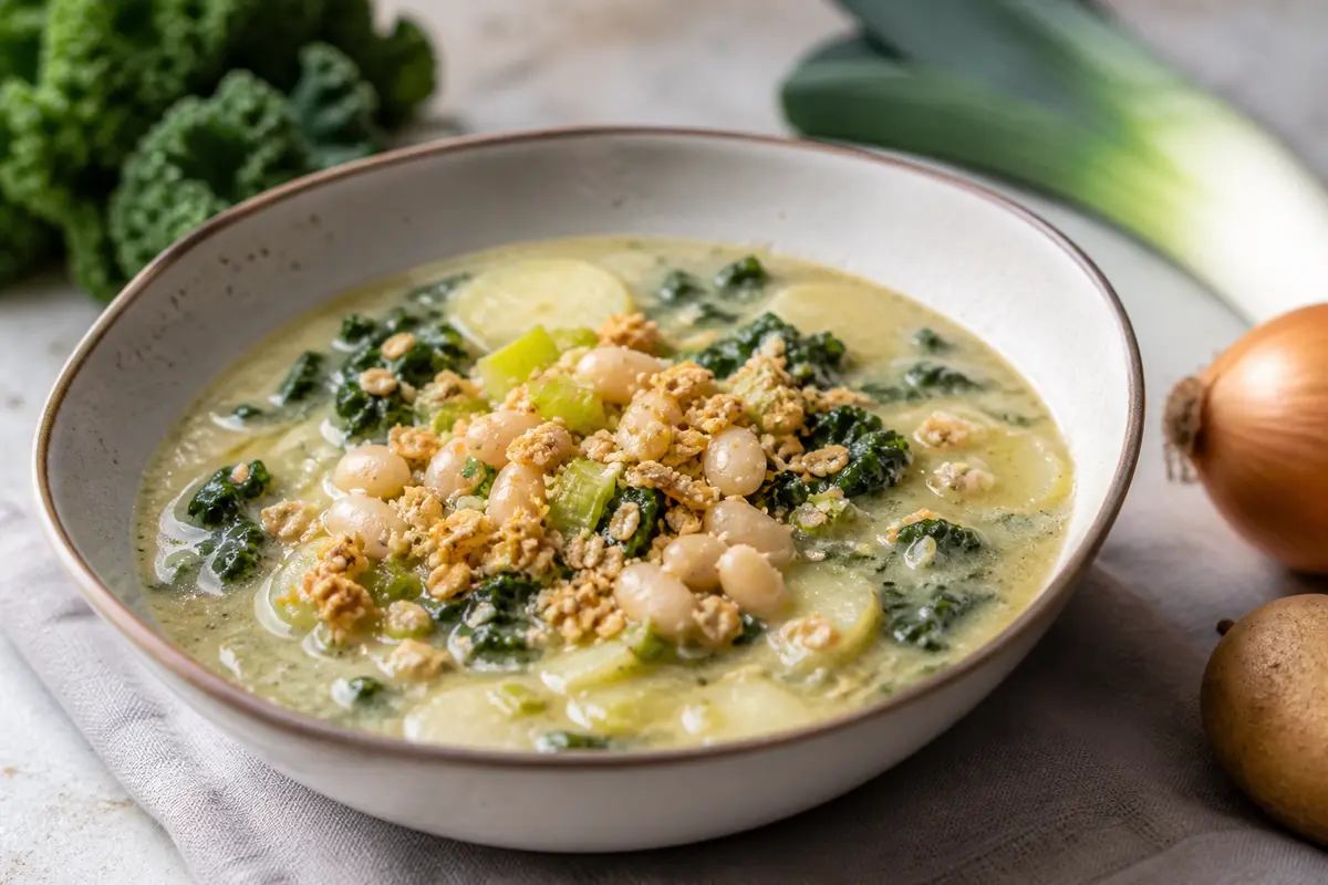 Velvety Kale, Potato and Leek Soup with Lemony White Beans and Savory Oat Crunch