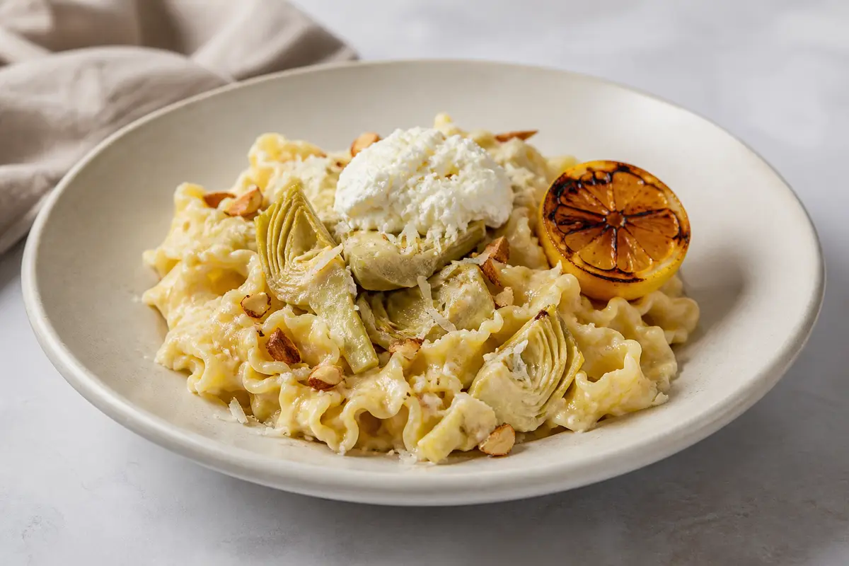 Creamy mafalde with sautéed artichokes, charred lemon and ricotta with toasted almonds
