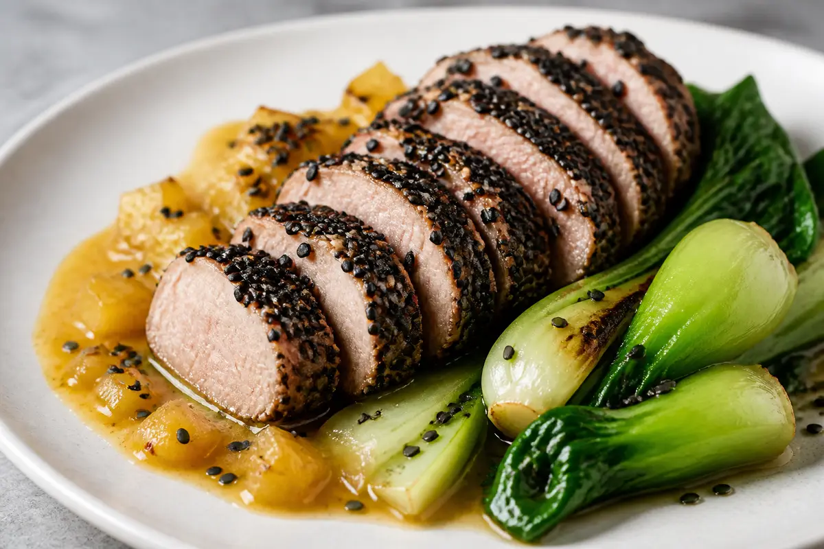 Solomillo de Cerdo con Costra de Sésamo Negro, Salsa de Piña Asada y Jengibre, y Pak Choi Salteado