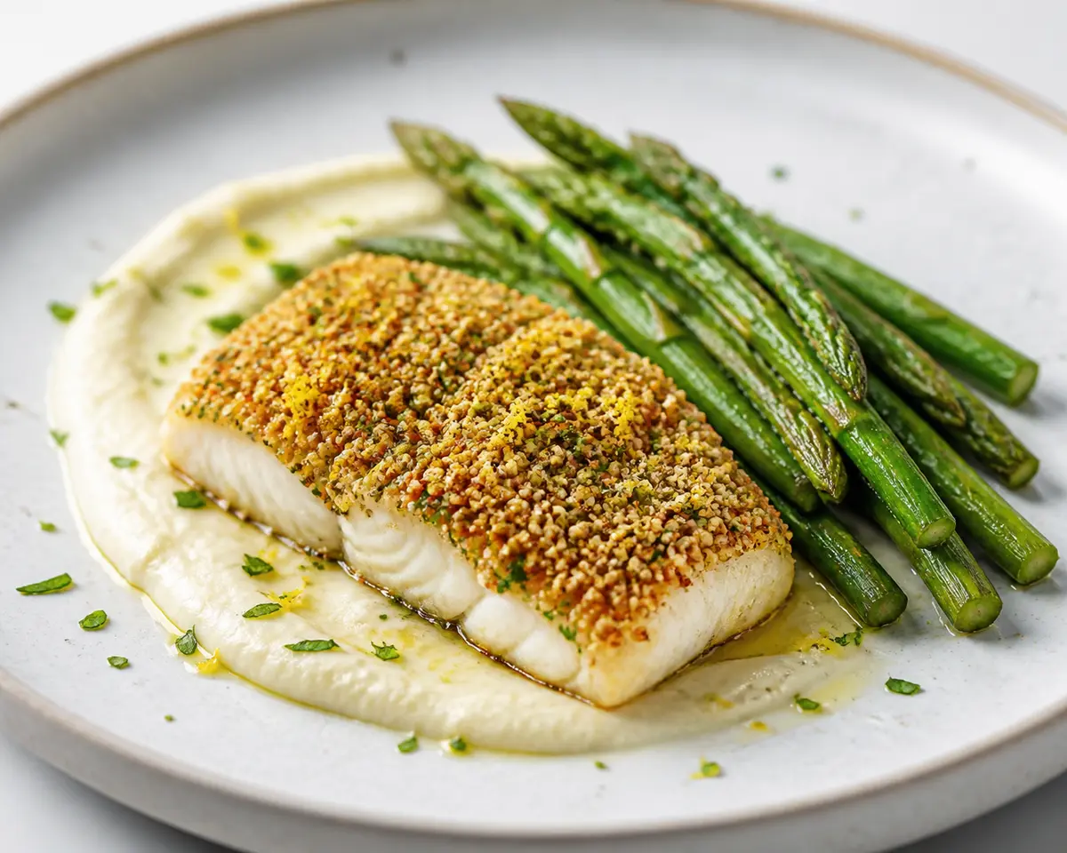 Pescado al Horno con Costra de Amaranto y Limón, Puré de Coliflor Rostizada y Espárragos Salteados