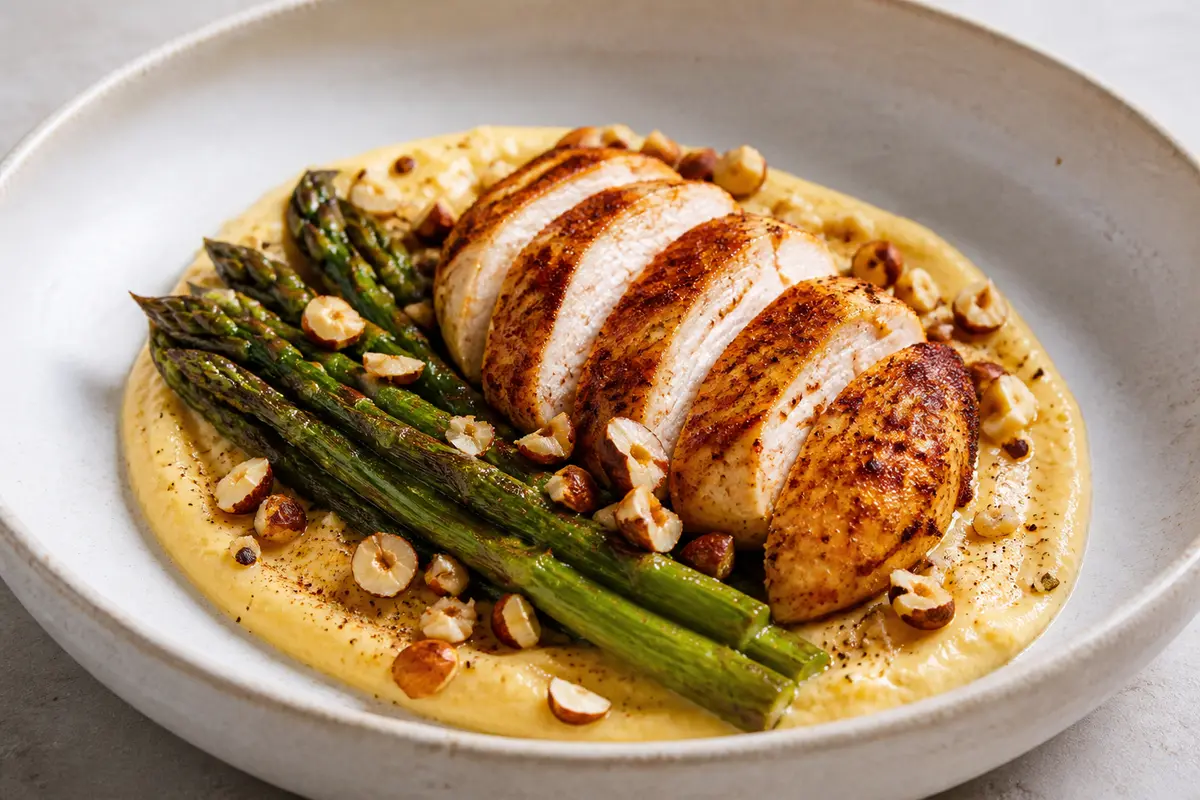 Paprika Lemon Chicken with Rutabaga Cream, Roasted Asparagus and Hazelnuts