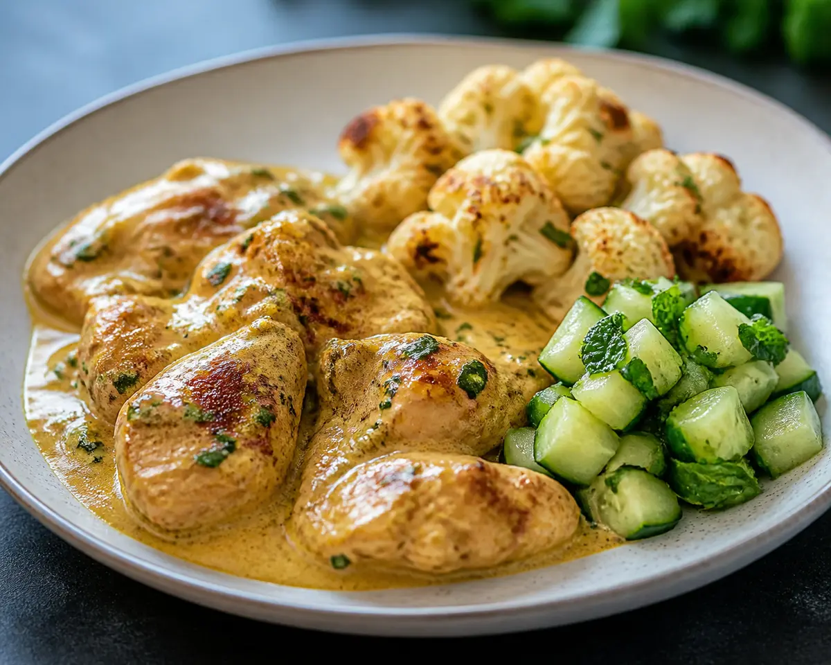 Keto Chicken in Mild Curried Butter Sauce with Roasted Cauliflower and Minted Cucumber