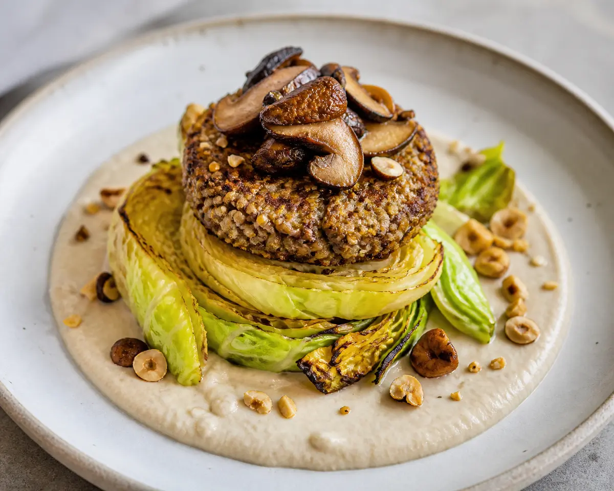 Roasted Cabbage with Lemony Millet Mushroom Cakes, White Bean Cream and Toasted Hazelnuts