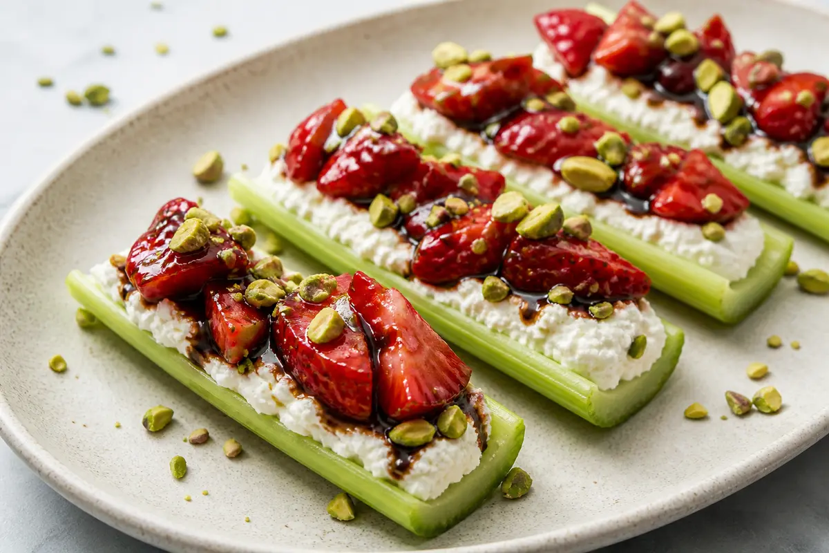 Quick Celery Boats with Whipped Feta, Balsamic Strawberries, and Toasted Pistachio