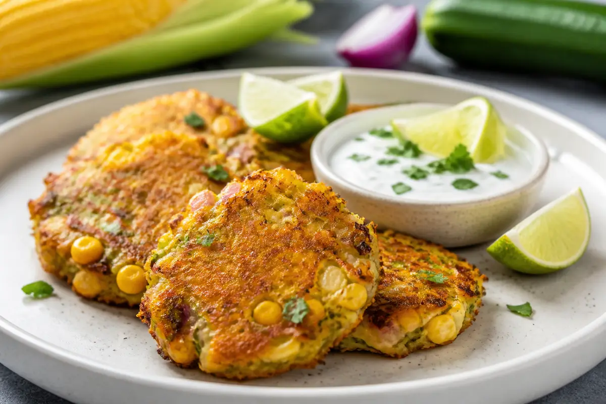 Quick Corn and Zucchini Fritters with Golden Cheese and Lime Yogurt Sauce