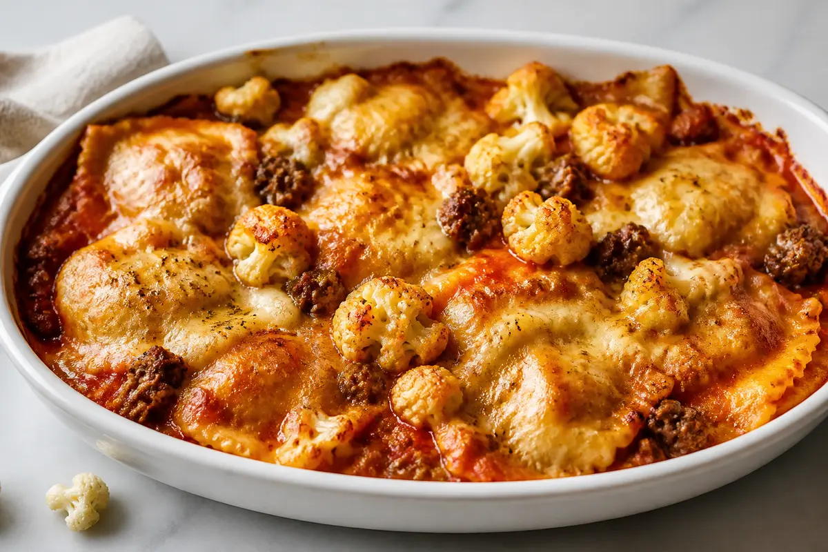 Gratén Familiar de Ravioles, Carne Suave y Coliflor en Salsa de Tomate Asado