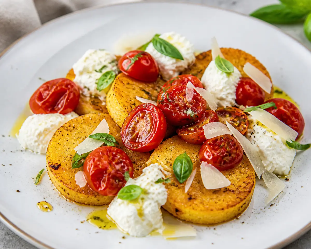 Medallones de polenta crujiente en Air Fryer con tomate confitado rápido, ricotta de limón y albahaca