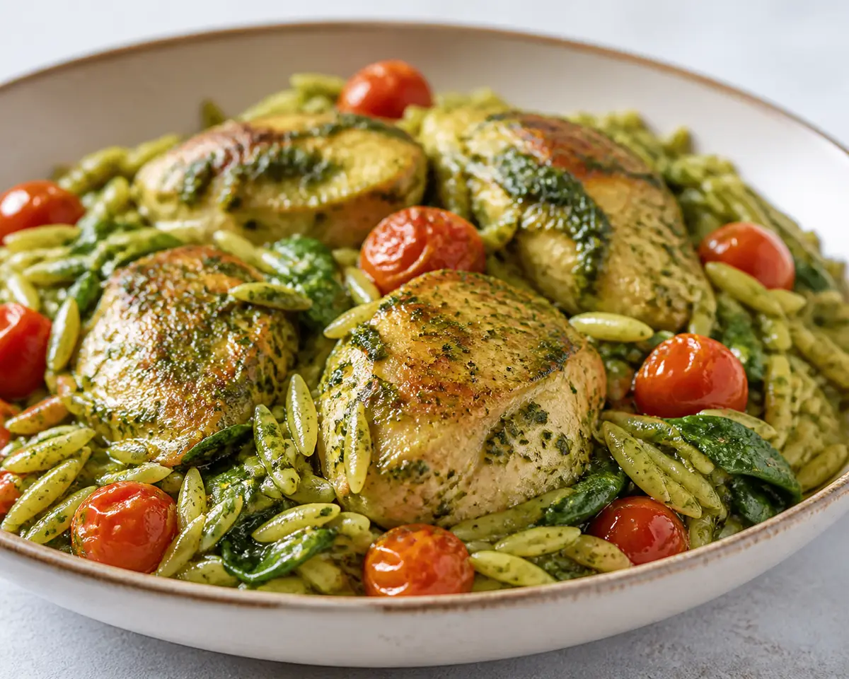Instant Pot de pollo al pesto de espinaca, tomate cherry y orzo